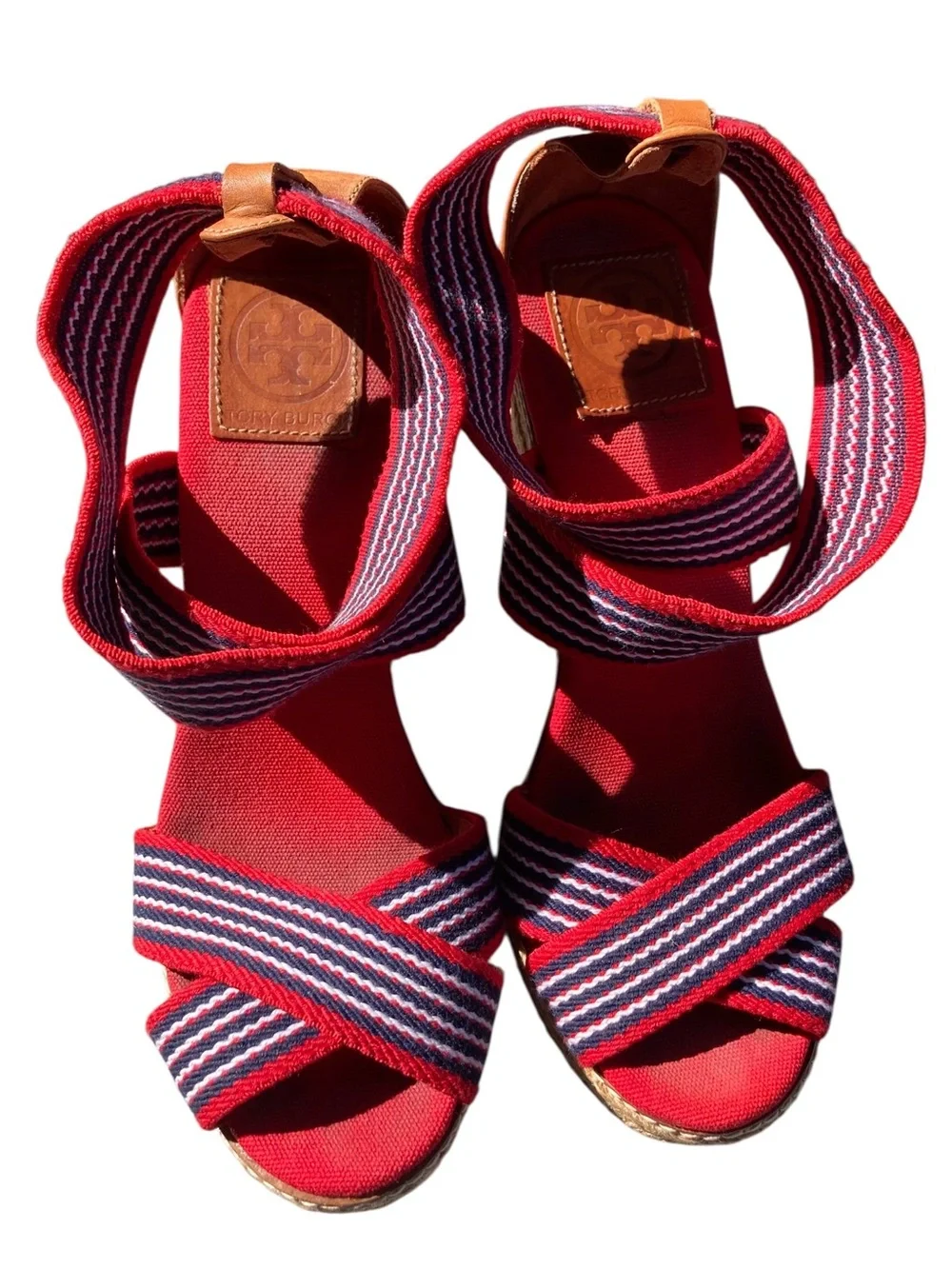 Tory Burch Red Navy Stripe Espadrille Wedge Sandals Size 8 Nautical Americana